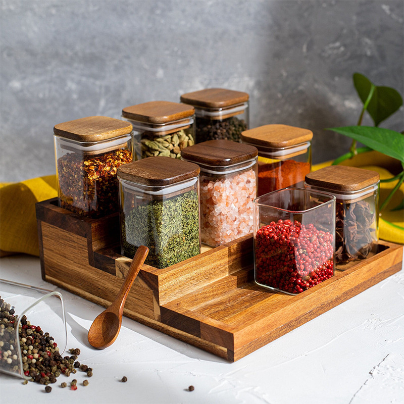 4Pcs Acacia Wood Cover Square Transparent Glass Seasoning Jar