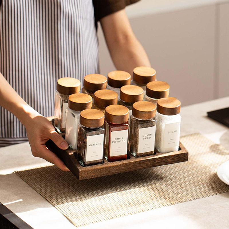 5pcs 120ml Wholesale Acacia Wood Cover Square Glass Jars for Herb & Spice