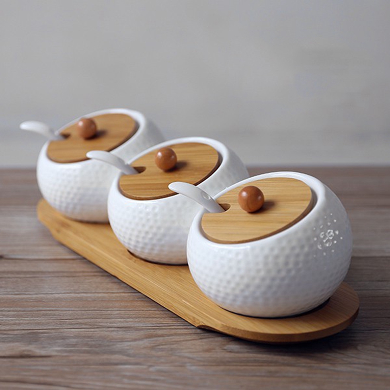 Ceramic Condiment Seasoning Pot Bamboo Tray Storage Jar