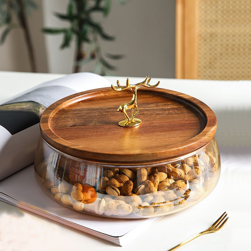 Wooden Trays Glass Bowl Nuts Fruits Food Container