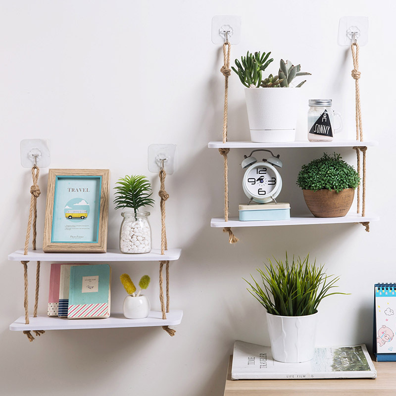 2-Layer Wood Hanging Shelf Wall Decorative